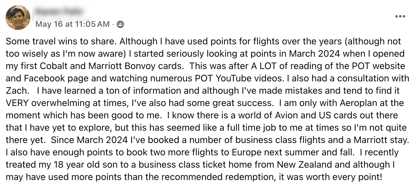 Testimonial from a Points Coaching member