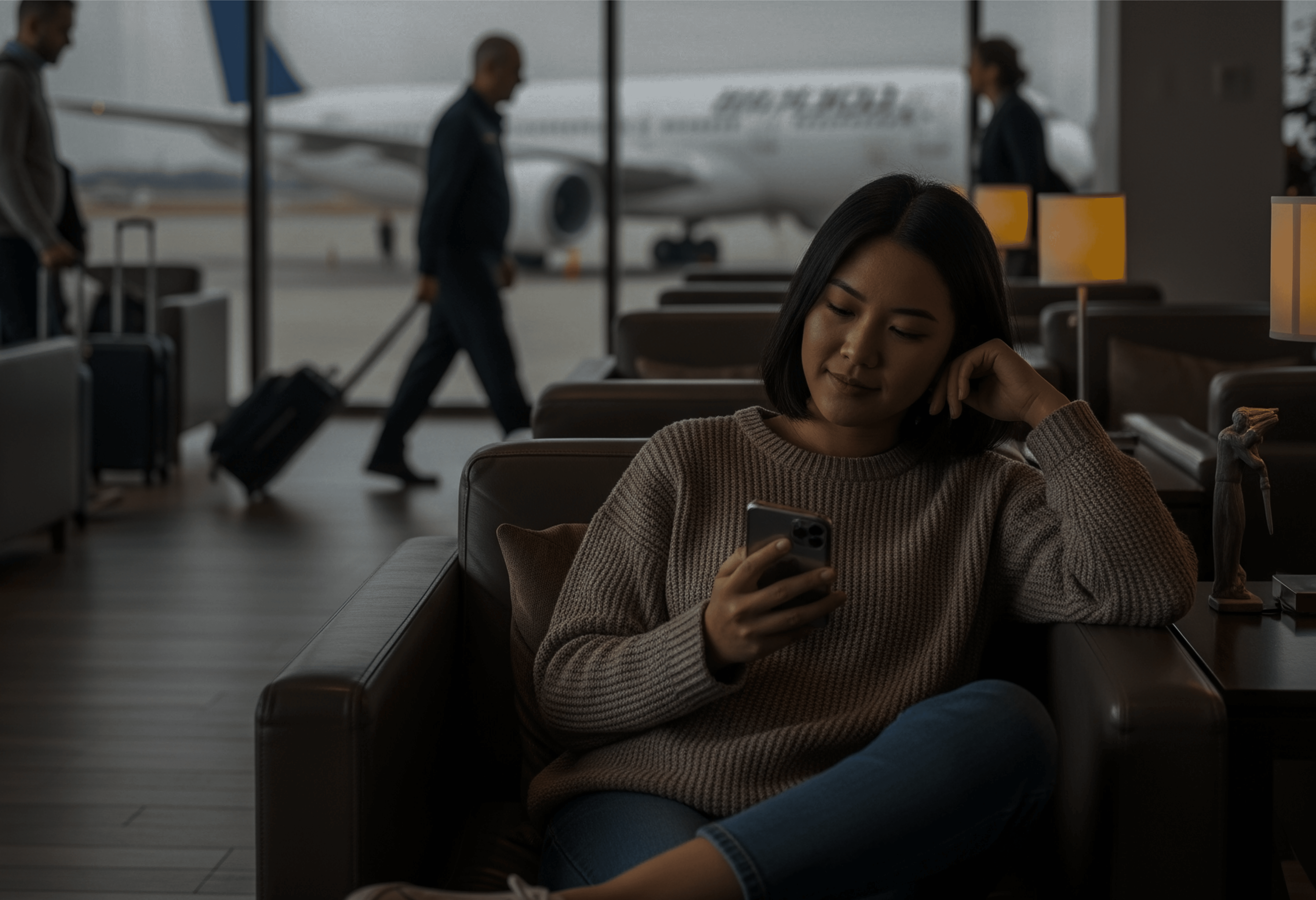 Woman relaxing at airport lounge